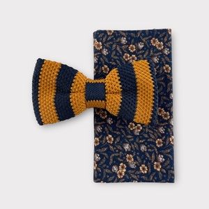 Men’s Golden Yellow Striped Knit Bow Tie & Floral Pocket Square Set